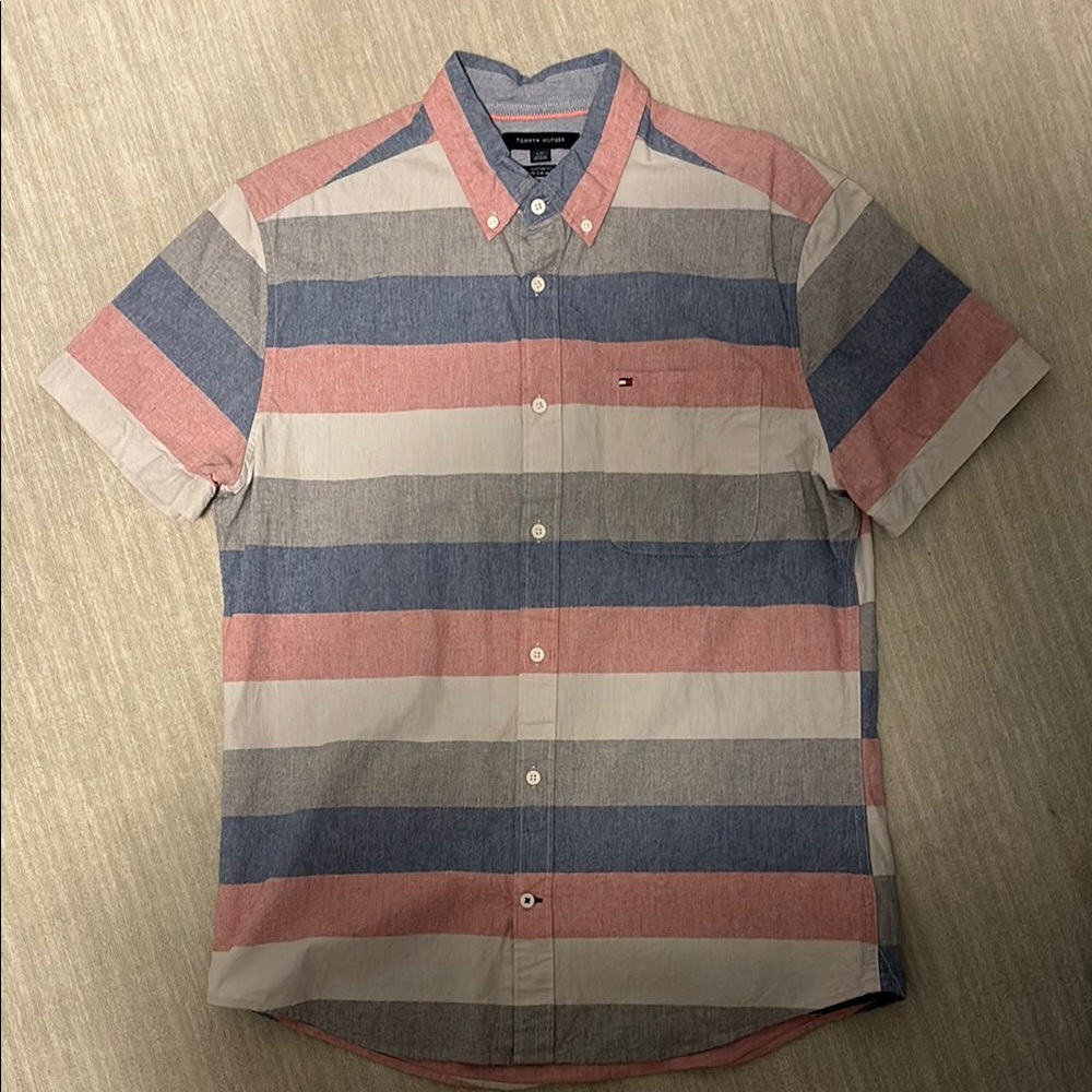 Tommy Hilfiger Men's Striped Shirt - Blue, Red, and Gray